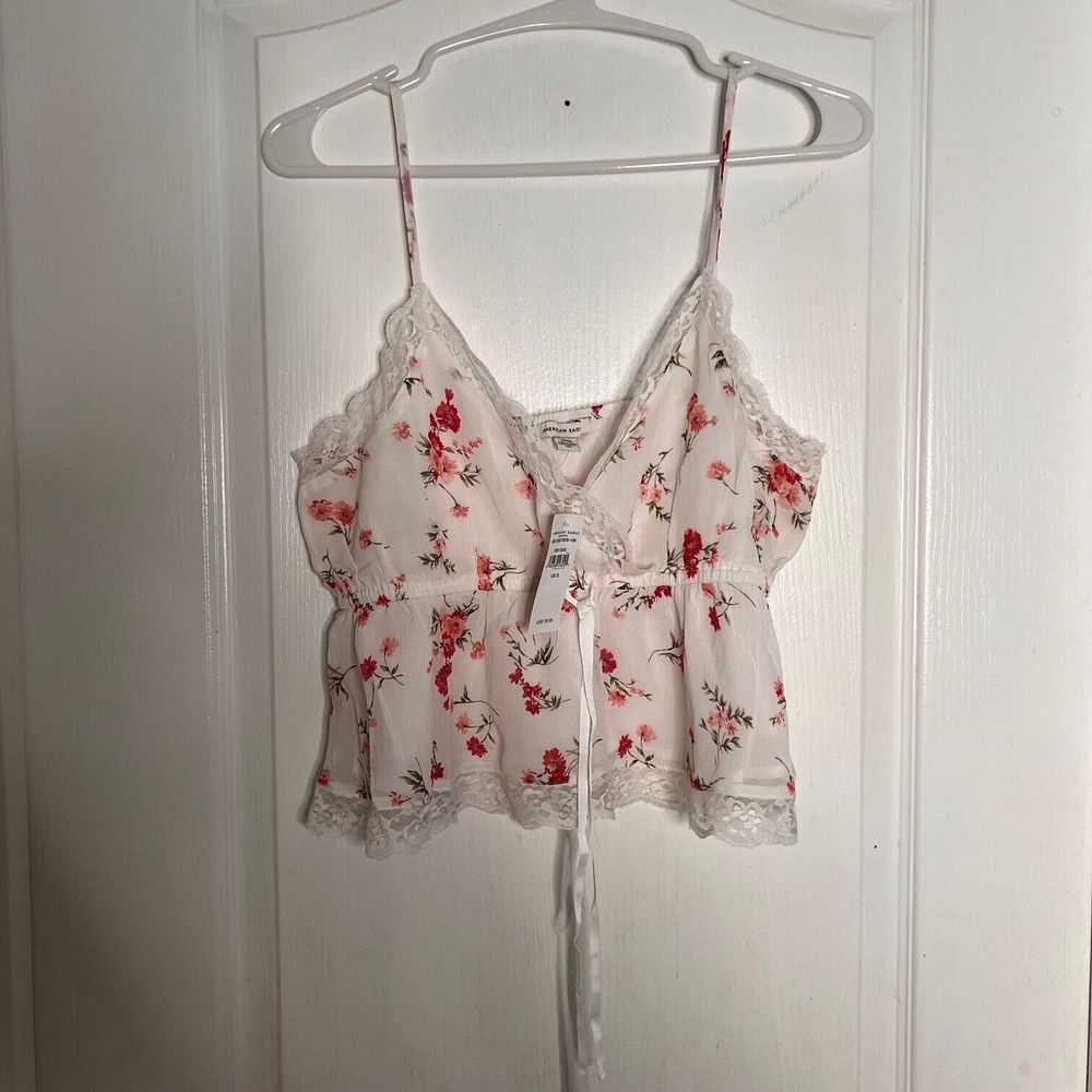 American Eagle Floral Lace Trim Camisole Top White Red Pink Size Small‎ NWT